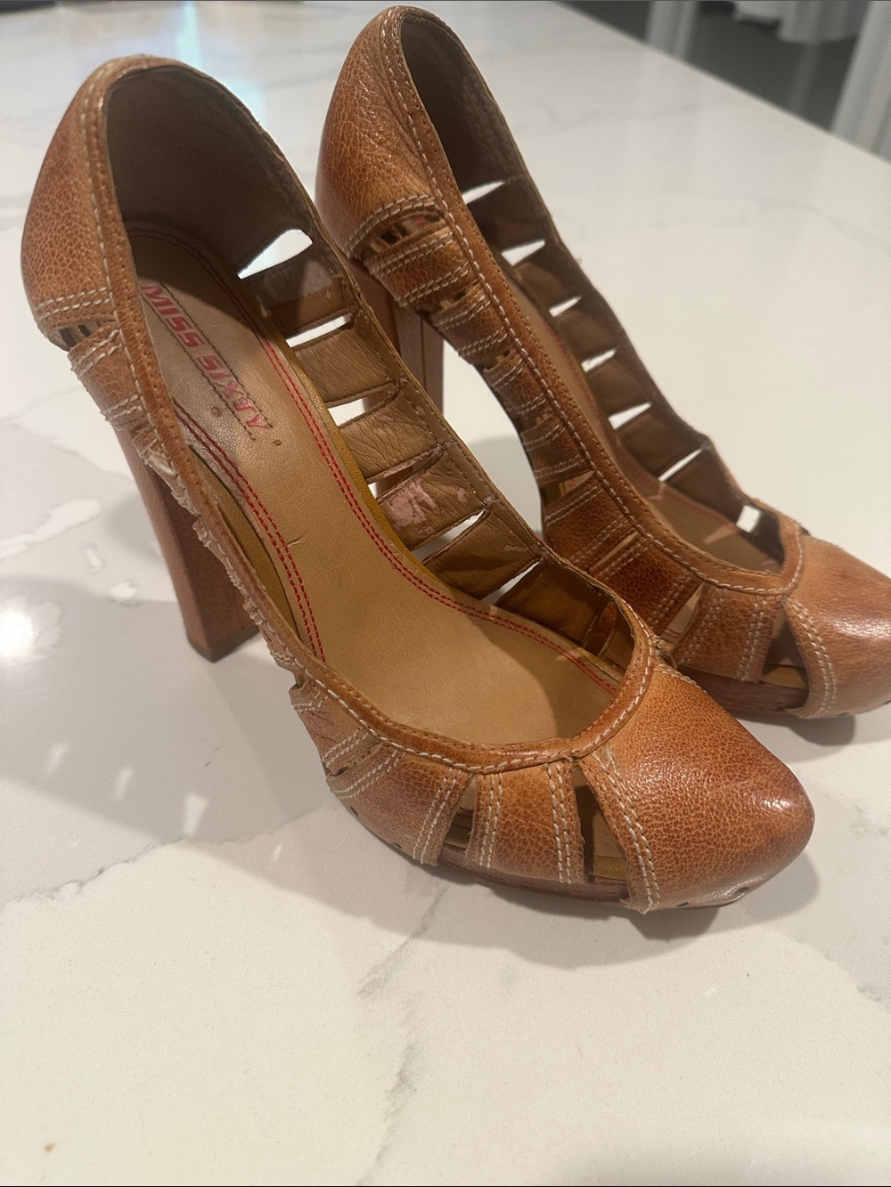 Miss Sixty Cognac Cutout Leather High Heels
